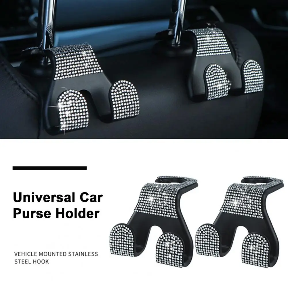 2Pcs Sparkling Car Headrest Hooks Universal Purse Hanger Strong Load-bearing Rhinestones Car Back Seat Hooks Storage Organizer