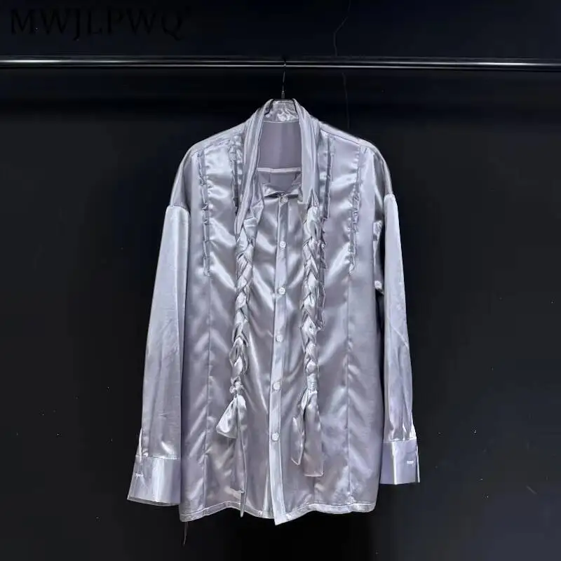 MWJLPWQ Spring Autumn Purple Pleated Textured Design Long-Sleeve Shirt For Men Women Loose Ribbons Design Casual Tops 17370