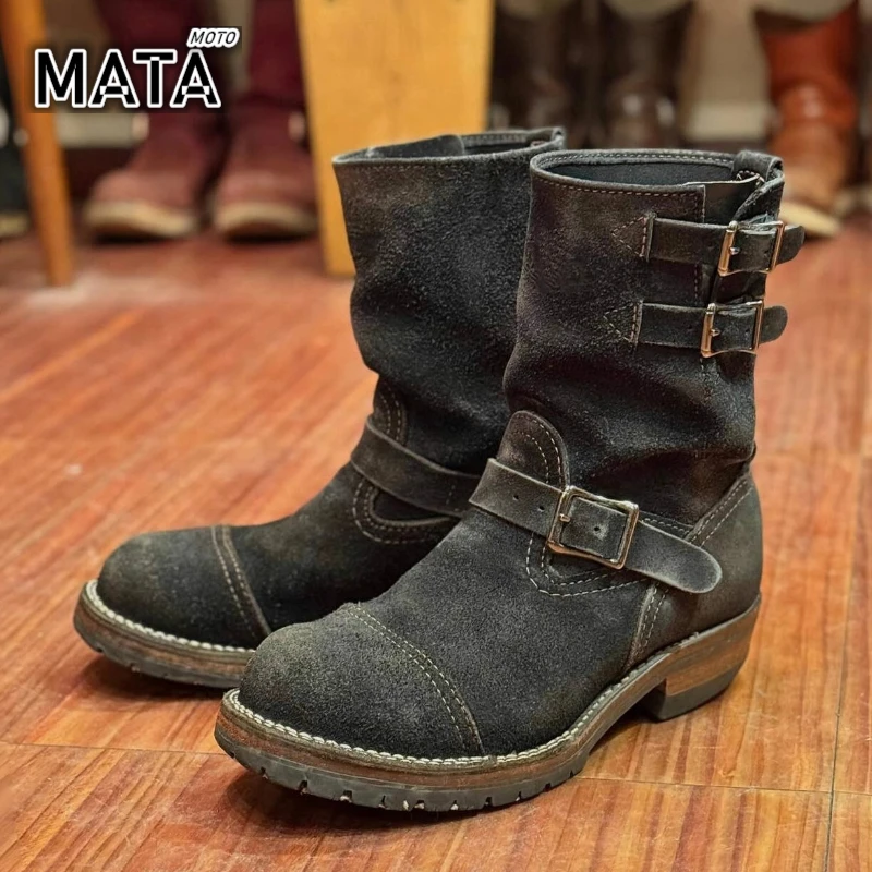 Motorcycle Round Toe Platform Shoes,Genuine Leather Belt Buckle Strap Low Heel  Boots,Handmade Vintage Mid-Calf Boots