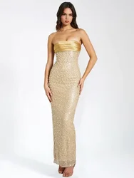 Strapless Luxurious Gold Pearl Women's Long Dress High Quality Dignified Elegant Slim  Bodycon  Evening Party Birthday Dresses