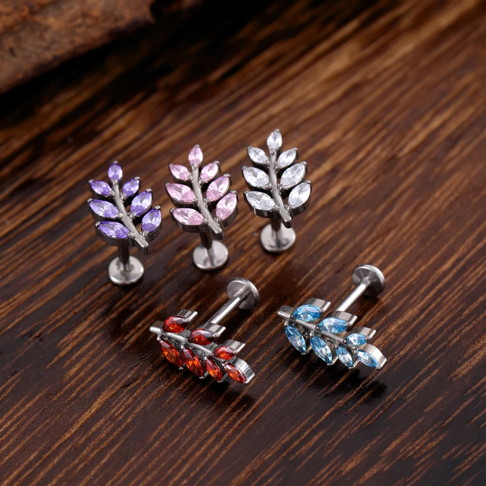 2024 Newest G23 ASTM F136 Titanium 16G Leaf CZ Stone Flat Back Stud Earring Helix Cartilage Monroe Medusa Tragus Piercing