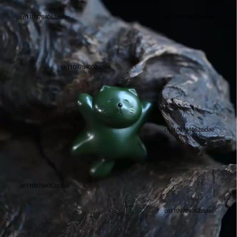 For Yixing Purple Clay Cat Tea Pet, Handmade Lucky Ornament for Tea Table & Desk, Creative Gift