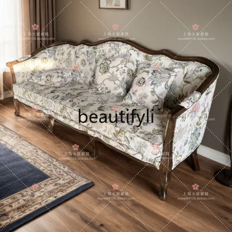 

A38 American pastoral retro solid wood fabric living room sofa single double triple French leisure chair