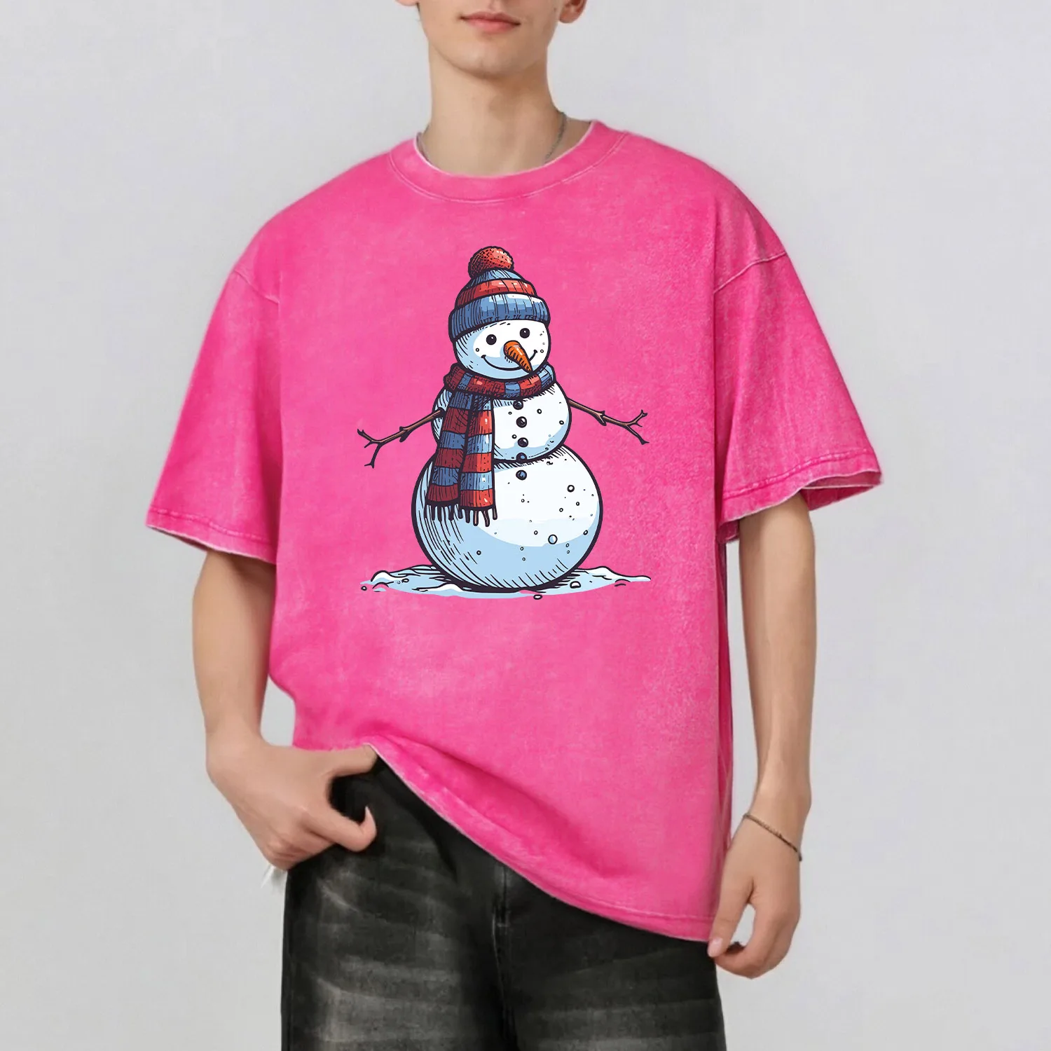 

Snowman Graphic Print Fashion Retro Style Washed T-Shirt Casual Short Sleeve 100% Cotton Unisex Top 230G