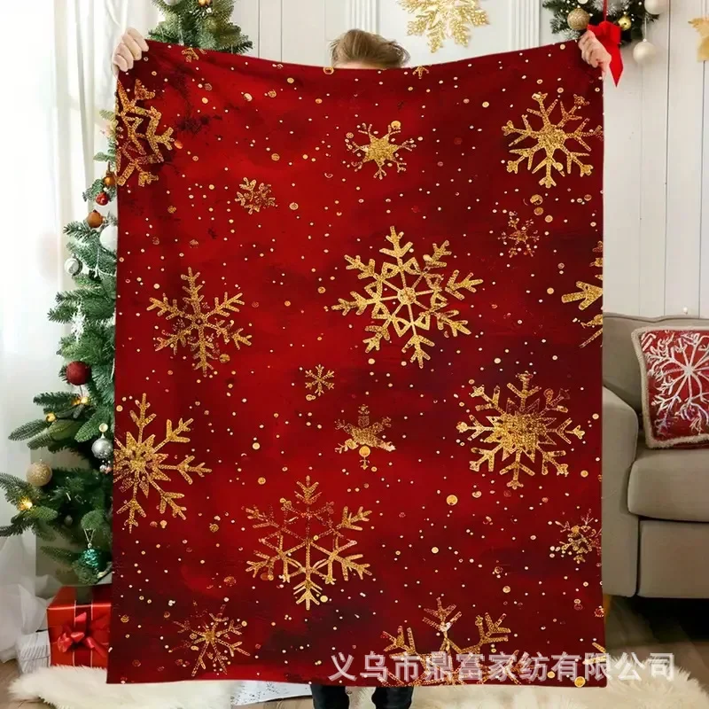 VIKAMA Deep Red Gold Snowflakes Fleece Throw Blanket Cozy Soft Plush Cover for Couch Sofa Bed Christmas Decor Gift