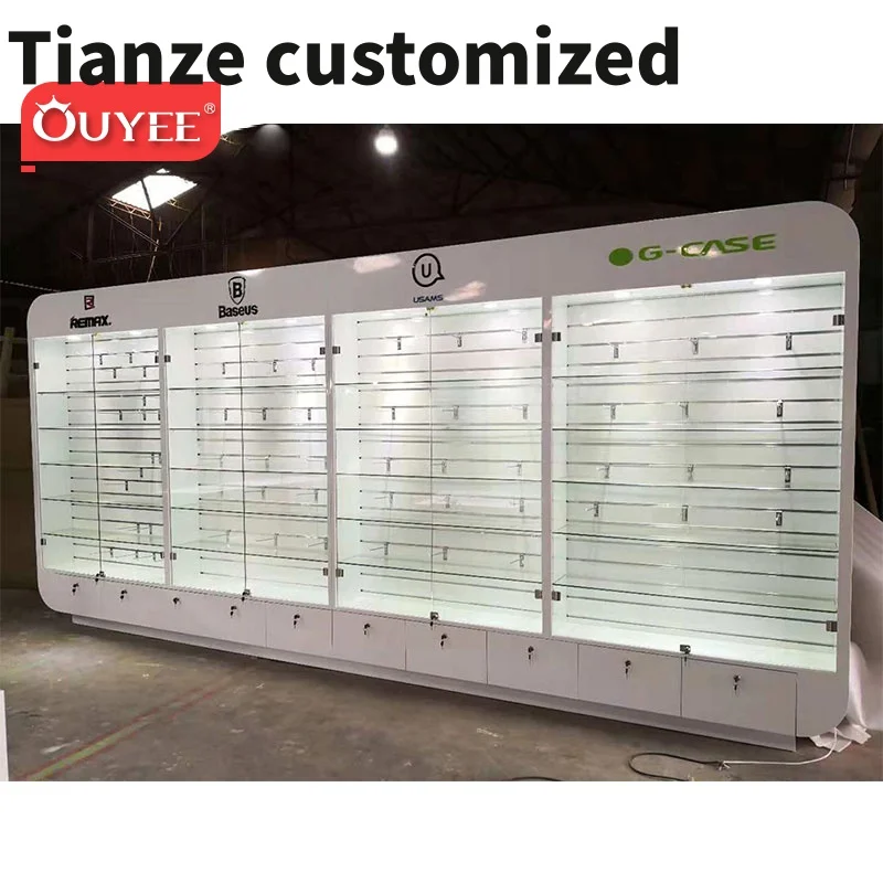 

Customized-Factory Direct Sale Mobile Phone Shop Decoration Glass Showcase Mobile Shop Counter Design Cell Phone Display Glass C