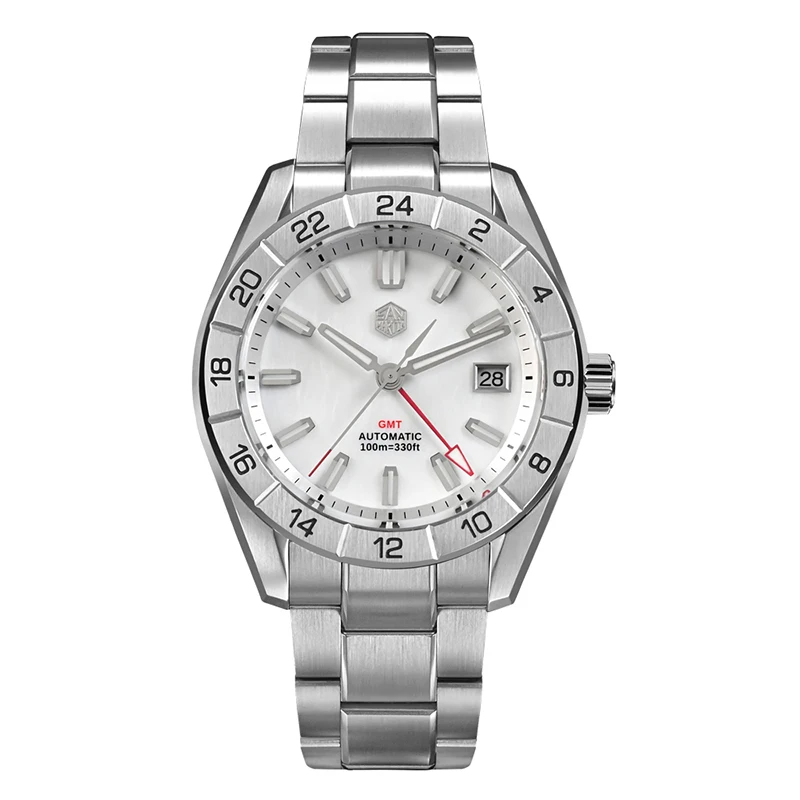 San Martin Herren-Automatikuhr, 42 mm, GMT, mechanische Armbanduhr, Tauchuhr, 100 m wasserdicht, BGW-9, leuchtendes Saphir-NH34-Emaille-Zifferblatt