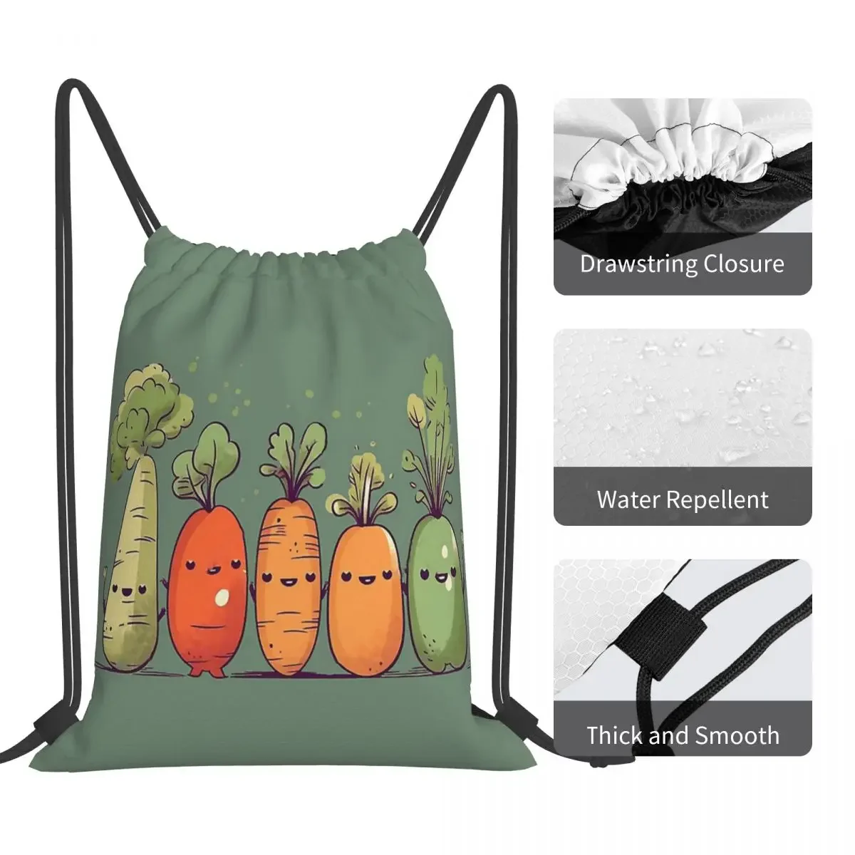 Happy Veggies Backpacks Casual Portable Drawstring Bags Drawstring Bundle Pocket Storage Bag BookBag For Travel Students