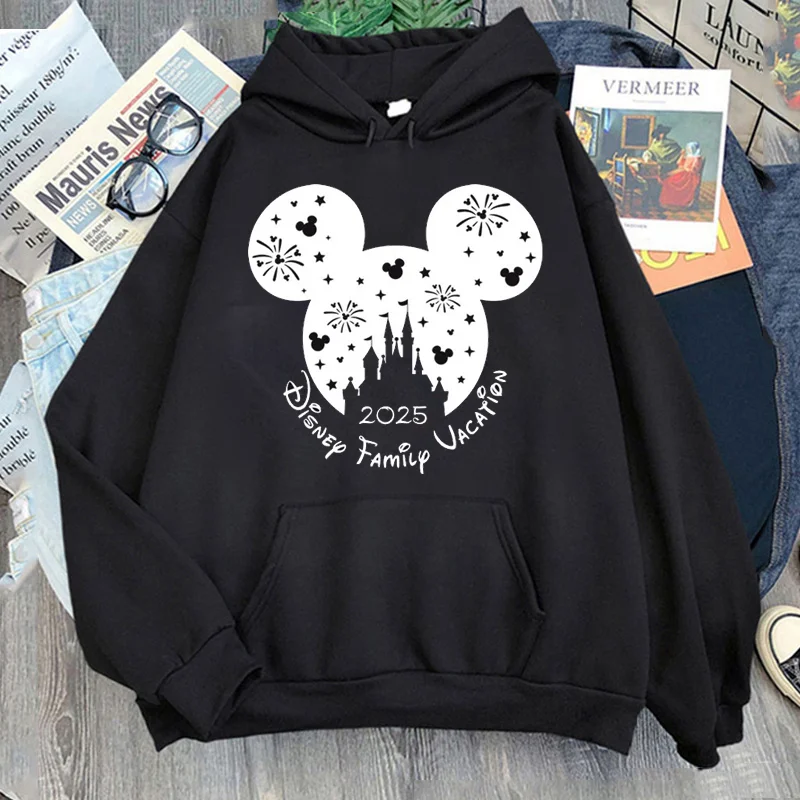 Kawaii Cartoon Disney Family Vacation Printed Hoodies Women Harajuku Aesthetic Graphic Pullovers Unisex Casual Black Sweatshirts