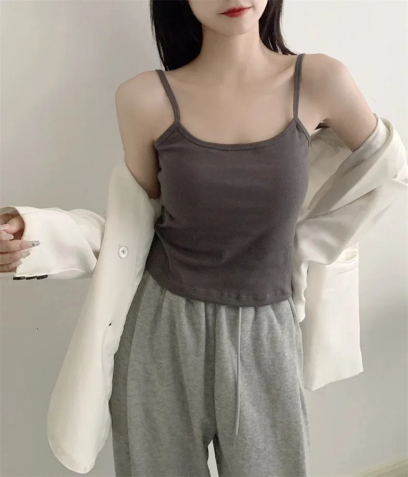 1PC Korean Women's Solid Color Spaghetti Straps Sleeveless Slim Camisole With Chest