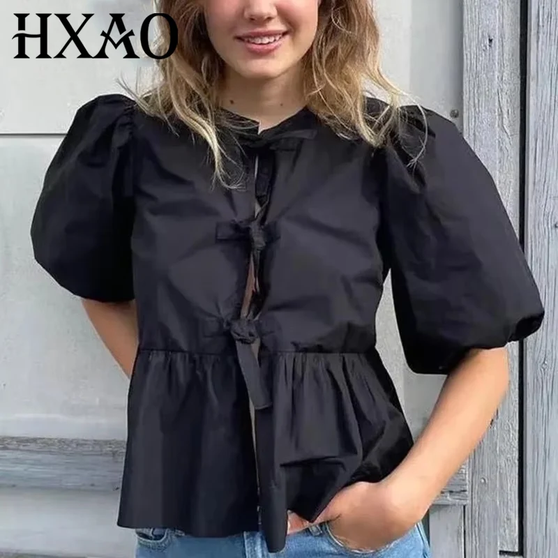 HXAO Woman 2024 Blouse Puff Sleeve Cropped White Blouse For Women Pleated Cut Out Black Blouse With Tied Leopard Print Top
