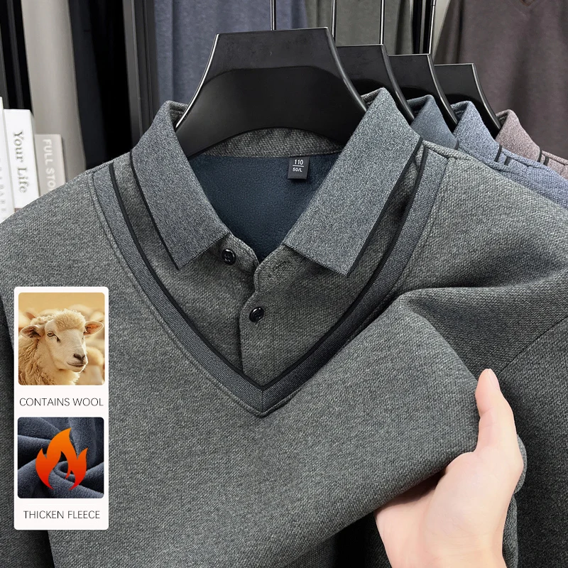 

BROWON брендовая поддельная двухсекционная дизайнерская теплая мужская рубашка поло с длинным рукавом, воротник рубашки, утолщенный флис, мягкая однотонная футболка-поло для мужчин