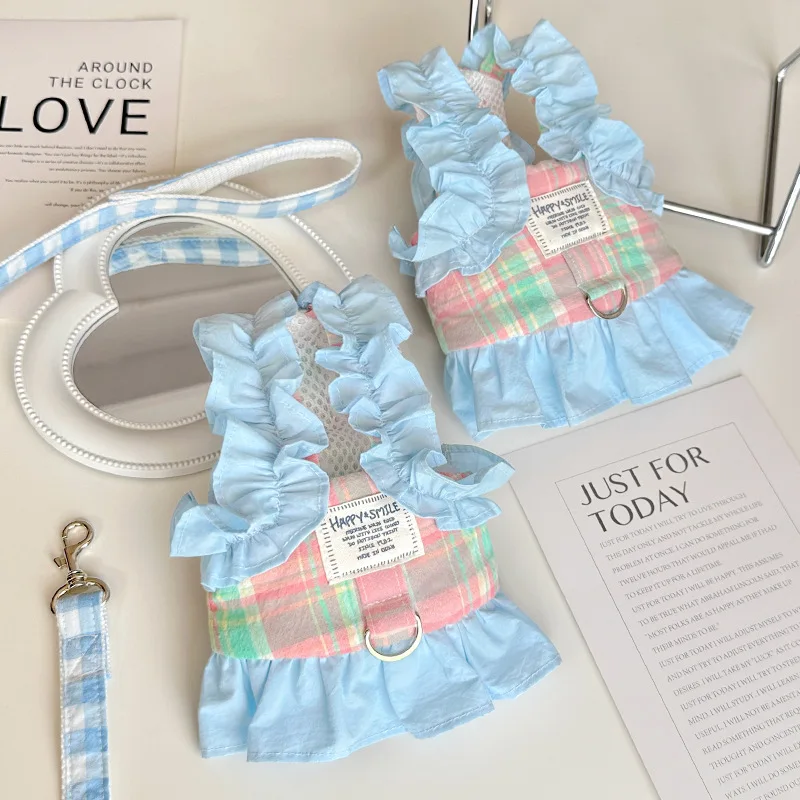 Pet Plaid Leash Vest Style Small Dog Pet Teddy Walking Dogs Dress Chest Strap Dog Harness and Leash Set - view 3