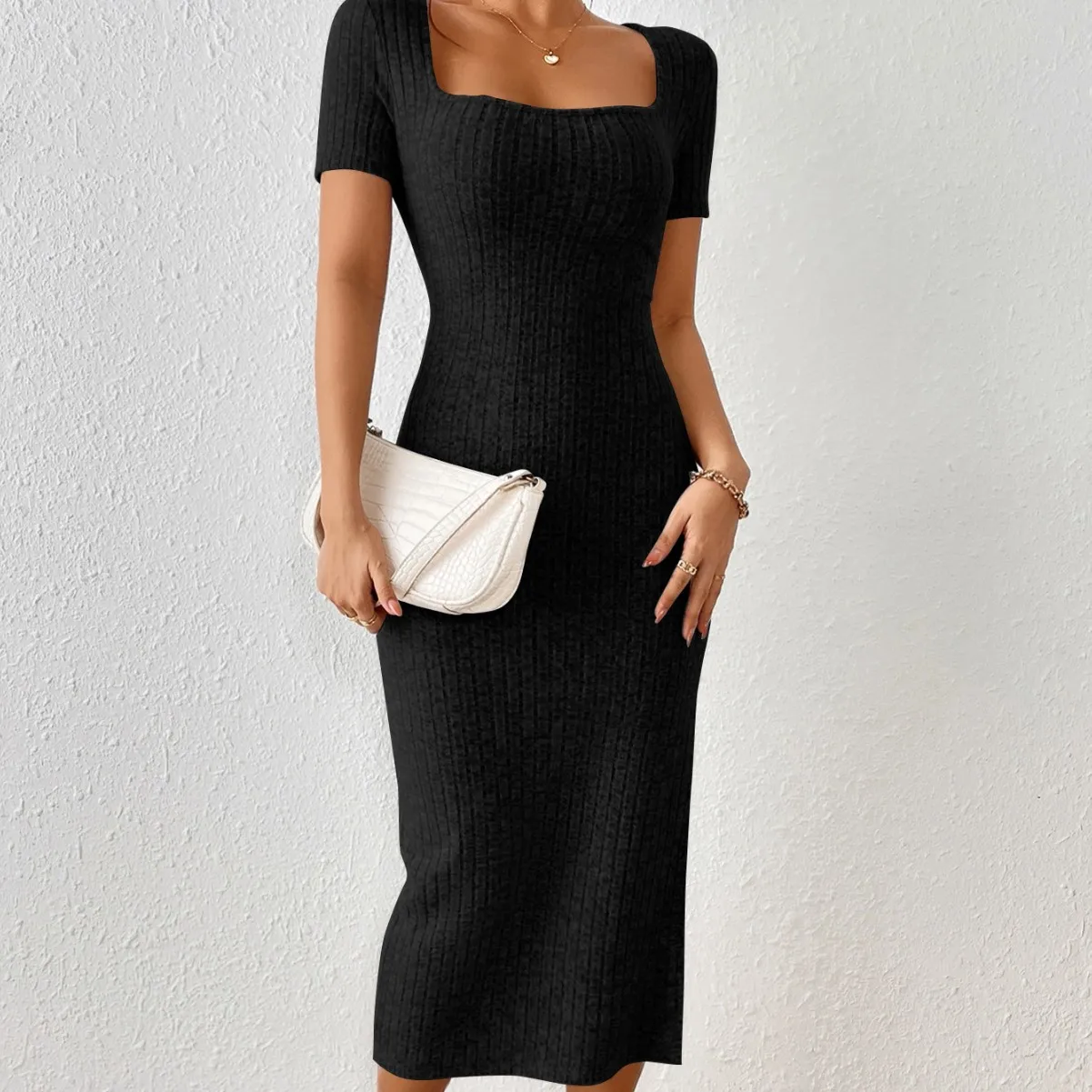 

French Square Neck Threaded Knitted Short-sleeved Dress European and American Cross-border