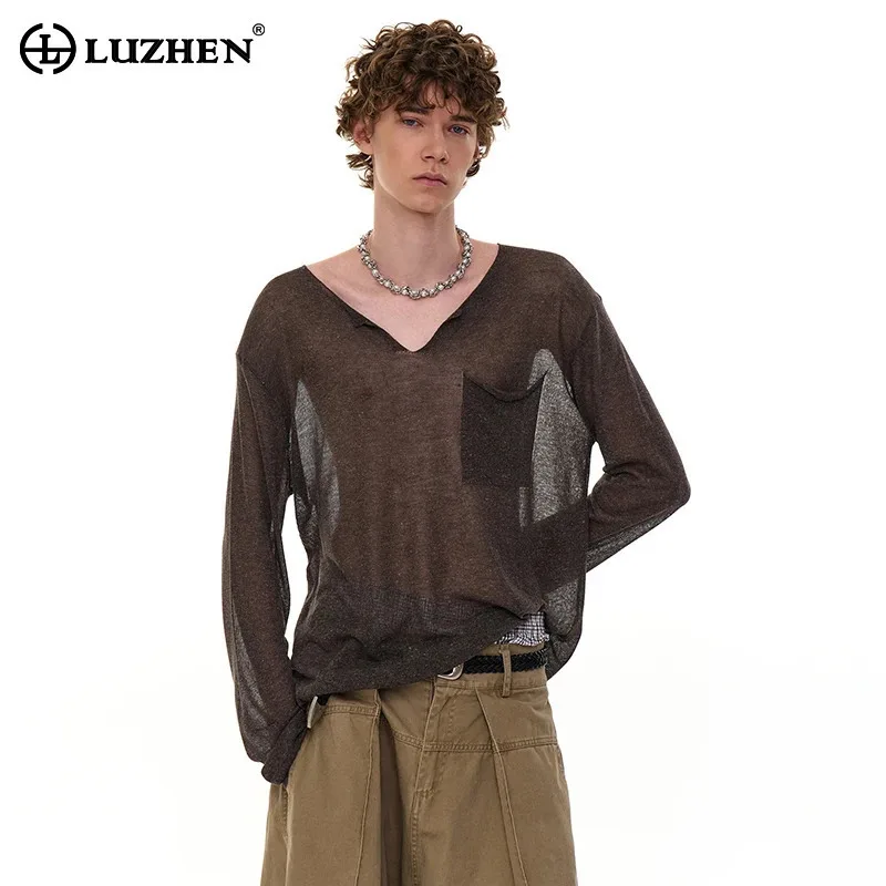 

LUZHEN Fashion High Quality Perspective Long Sleeve T-shirts Men's 2025 New Original Pockets Decorate Solid Color Clothes JY3263