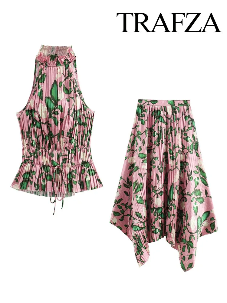 TRAFZA Summer Women 2 Piece Set New Sleeveless Printed Decorated With Bow Lace-up Vest Tops+Elegant High Waist Pleated Pants