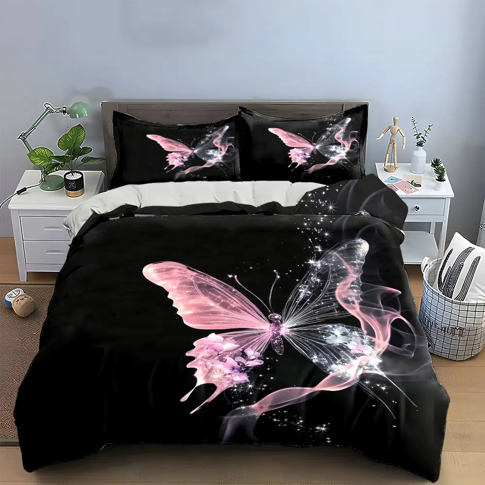 

3Pcs Pink Glitter Smoke Butterfly Duvet Cover Set, Black Fantasy Sparkle Bedding Includes 1 Duvet Cover And 2 Pillowcase, Gift