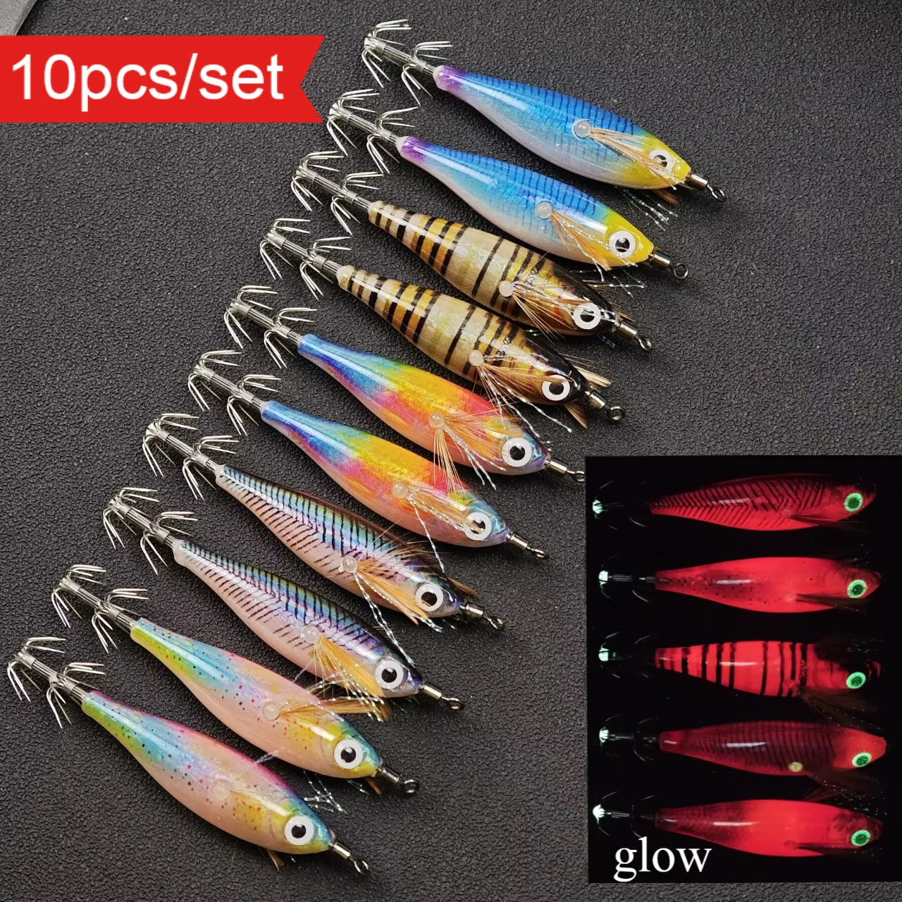 10pcs/set Fishing Lure Luminous Squid Jig Hook Shrimp Prawn Lure Squid Jig Hook