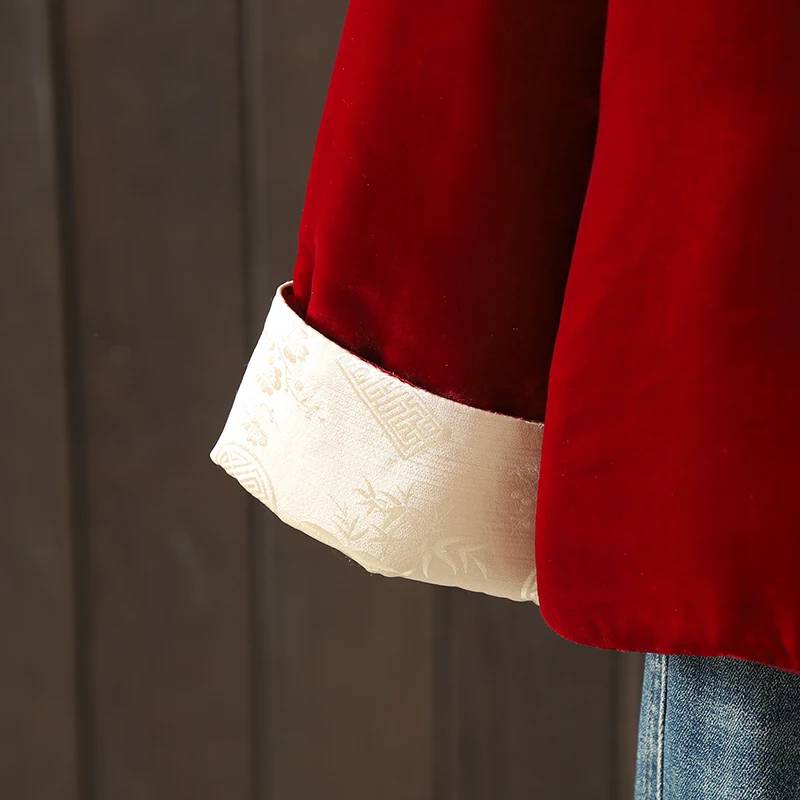 جديد الصينية Sle الحرير المخملية القطن Jaet المرأة الأعلى الفني الرجعية تانغ زي معطف Thiened طويل Sve جولة Ne Sin...