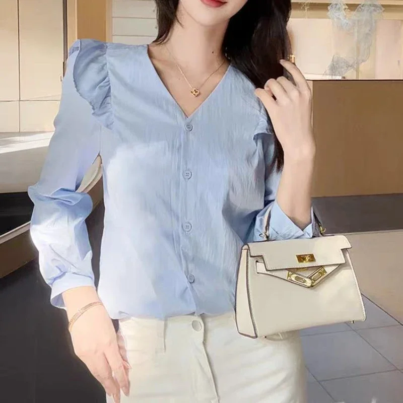 Langarm-Freizeithemd für Damen, Frühling/Herbst, einfarbige Bluse, Oberteil für Bürodamen, süße Hemden für Mädchen mit Rüschenkragen – Detail 6