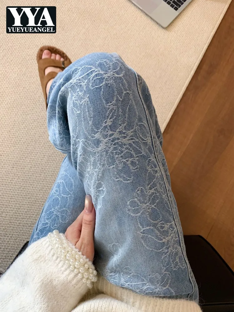 

Hot Sale Spring Women Light Blue Embroidered Jeans High Waist Straight Retro Jacquard Denim Trousers Loose Casual Long Pants