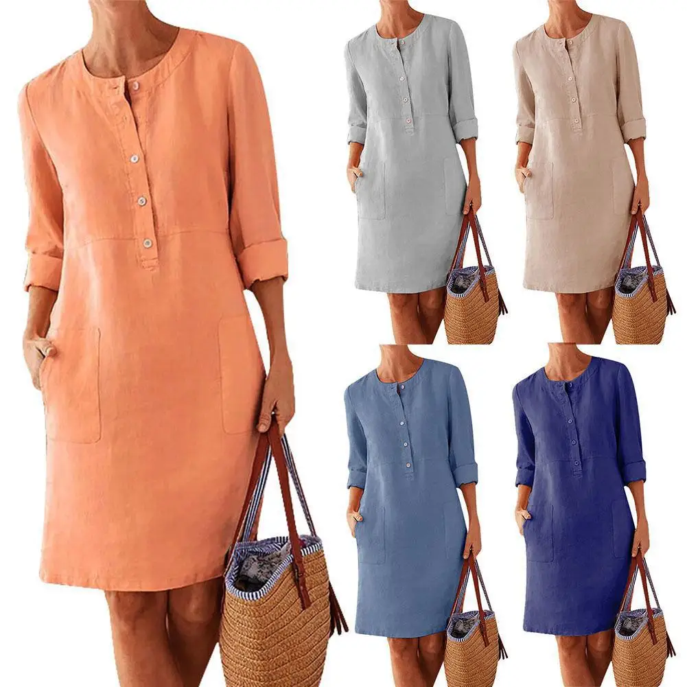 Vintage Straight Dress Long Sleeve Oversized Mini Dress Women Casual Soild Long Sleeve Cotton and Linen Tunic Dress