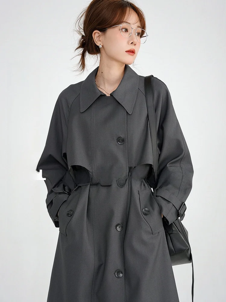 

ey Windbreaker Jaet Women's Spring Briti Sle Casual Loose High-End Feeling Small Size Mid-Length Outerwear