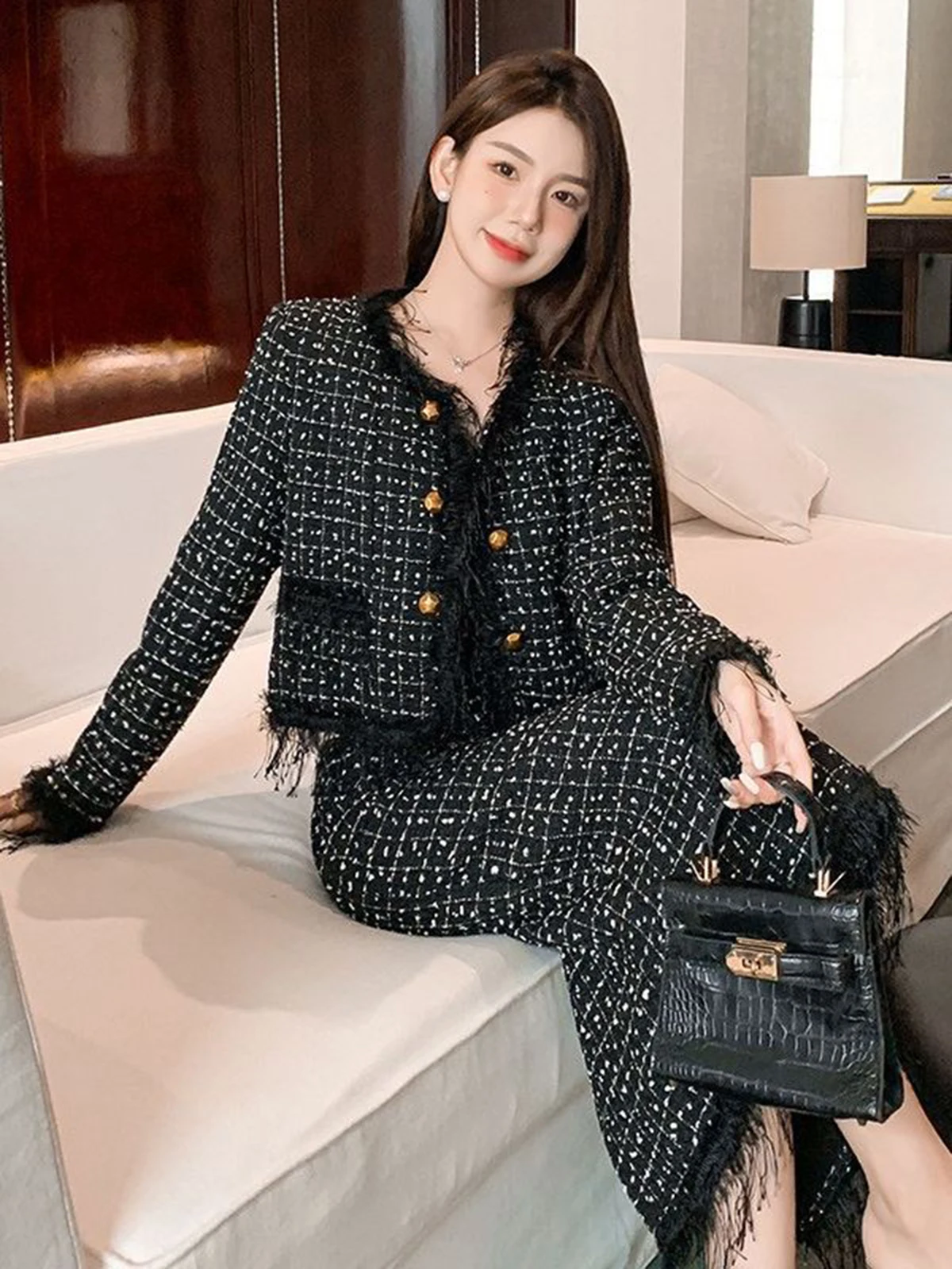 Small Fragrant Tweed Two Piece Set Women Heavy Industry Tassels Design Outfits Short Jackets+Midi Pencil Skirt Spring Autumn New