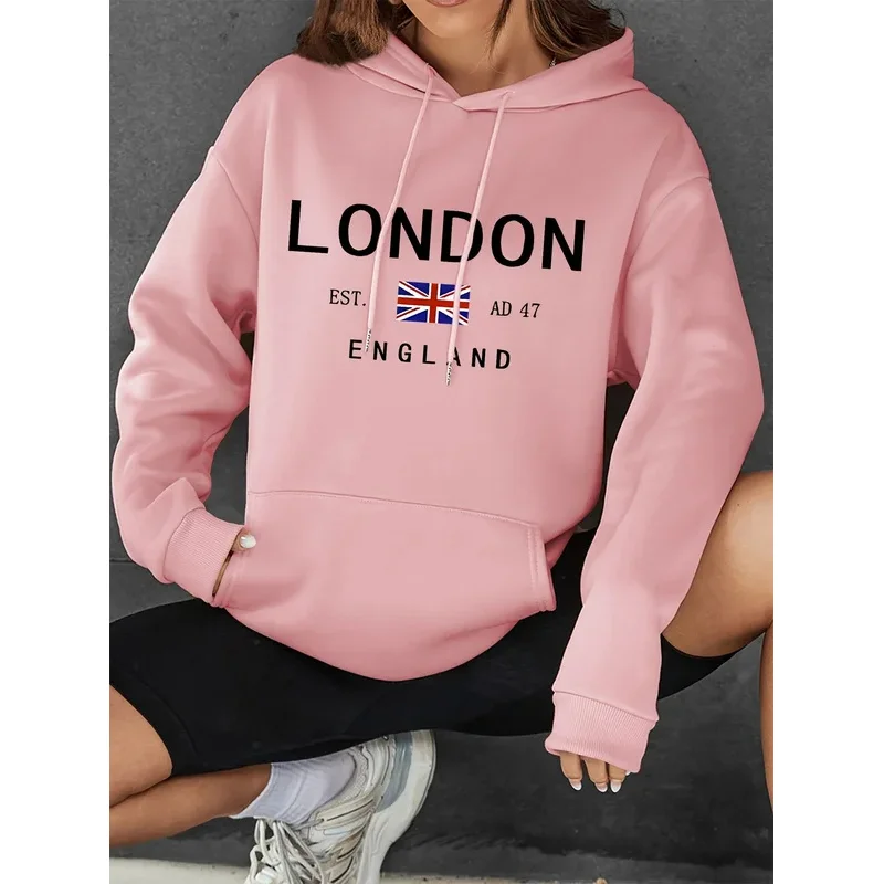 هوديي برباط مطبوع عليه Vibrant London - هوديس عصري مع جيب الكنغر كاجوال بأكمام طويلة #4