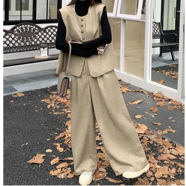 Women's Khaki Small Fragrance Vest 2-piece Set O-neck Top High-waist Wide-leg Pants Elegant Winter Korean Office Trendy Outfits