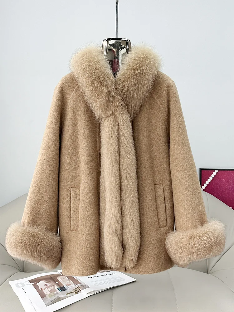 Damski płaszcz z kaszmirem i wełną na zimę 2025, luksusowy, gruby, z naturalnym kołnierzem z futra lisa, szalikiem, elegancki, codzienny płaszcz wierzchni.