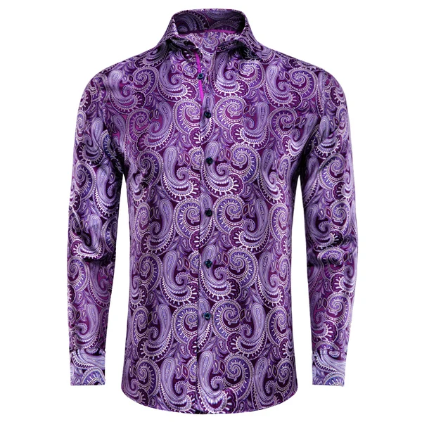 Single Paisley Long Sleeve Shirt Men, Gold or Purple or Black or Blue or Brown, Loose Button Collar Daily Casual Wear