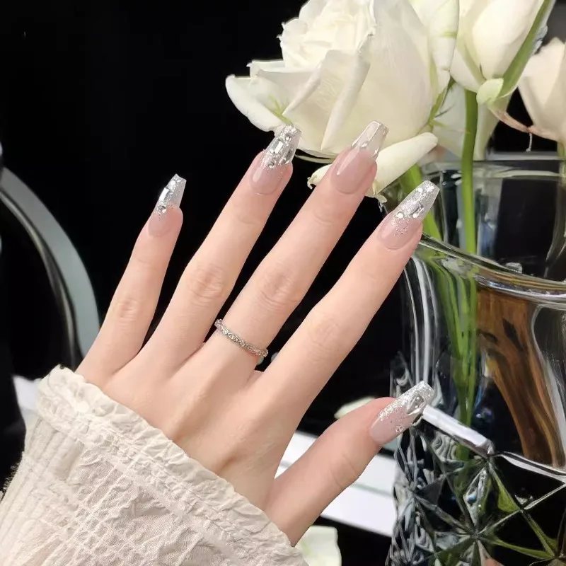 10pcs Handmade Long Set of False Nails for Girls Nude Rhinestones Fake Nails with Design Press on Nails with Glue Removable 2025