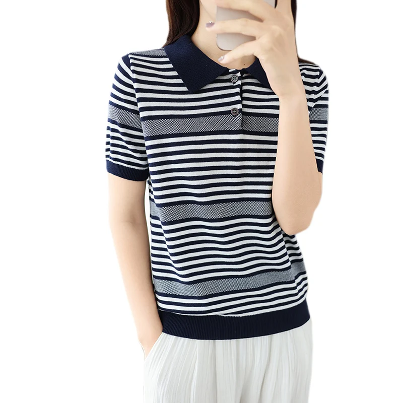100% Reine Baumwolle Gestricktes Kurzarm-Damen-Sommer-Oberteil Neuer Trendiger Stylischer POLO-Kragen Gestreiftes T-Shirt Damen-Top