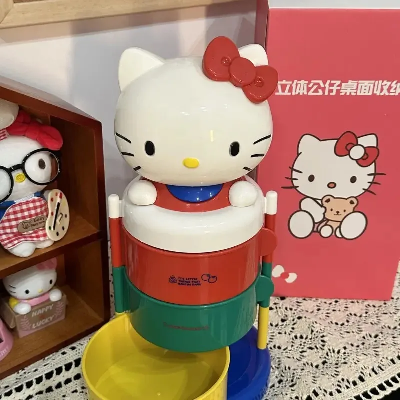 Hello Kitty Storage Box Cute Girl Three Layer Rotating Storage Rack Cartoon Anime Desktop Ornament Children Toy Gift Wholesale