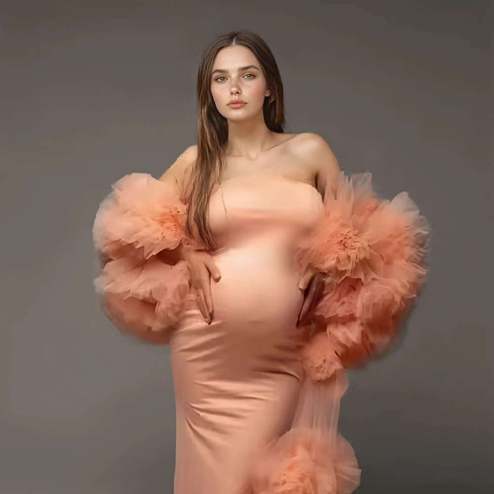 Custom Mermaid Maternity Photoshoot Dress with Handmade 3D Flower Tulle Jacket and Stretchy Inner Pregnancy Outfit YW2603091D