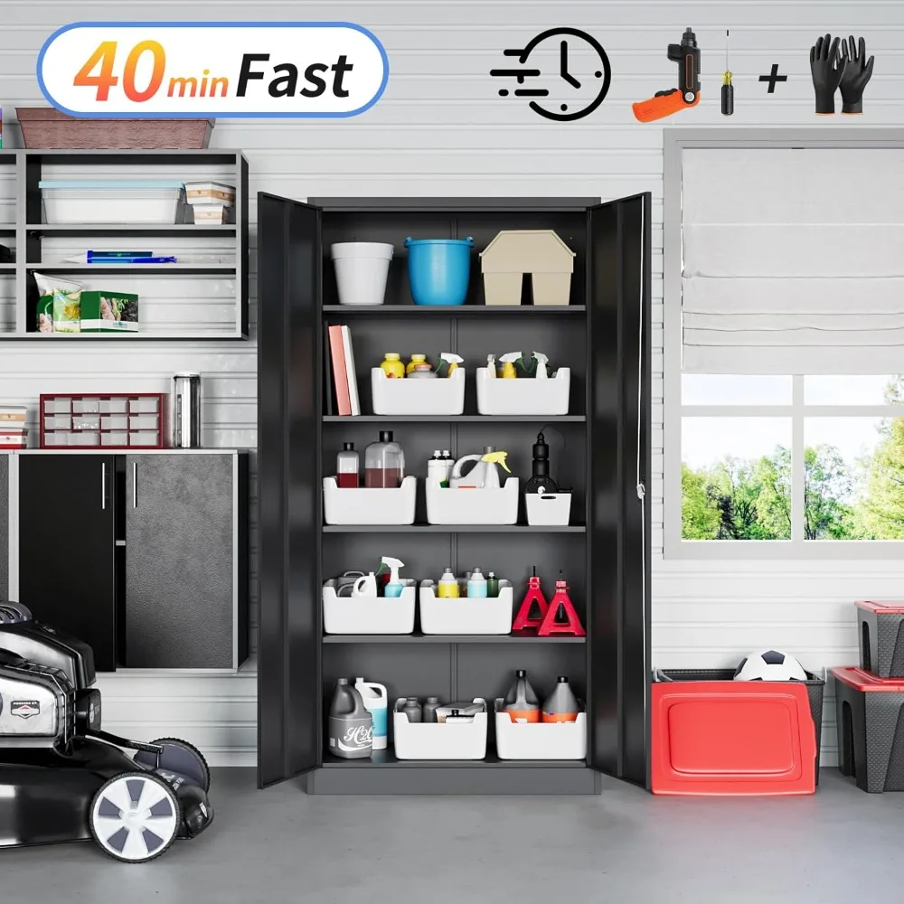 Metal Garage Storage Cabinet with Lock, Locking Tool Cabinet with 2 Doors and 5 Shelves, Tall Steel Cabinet for Garage