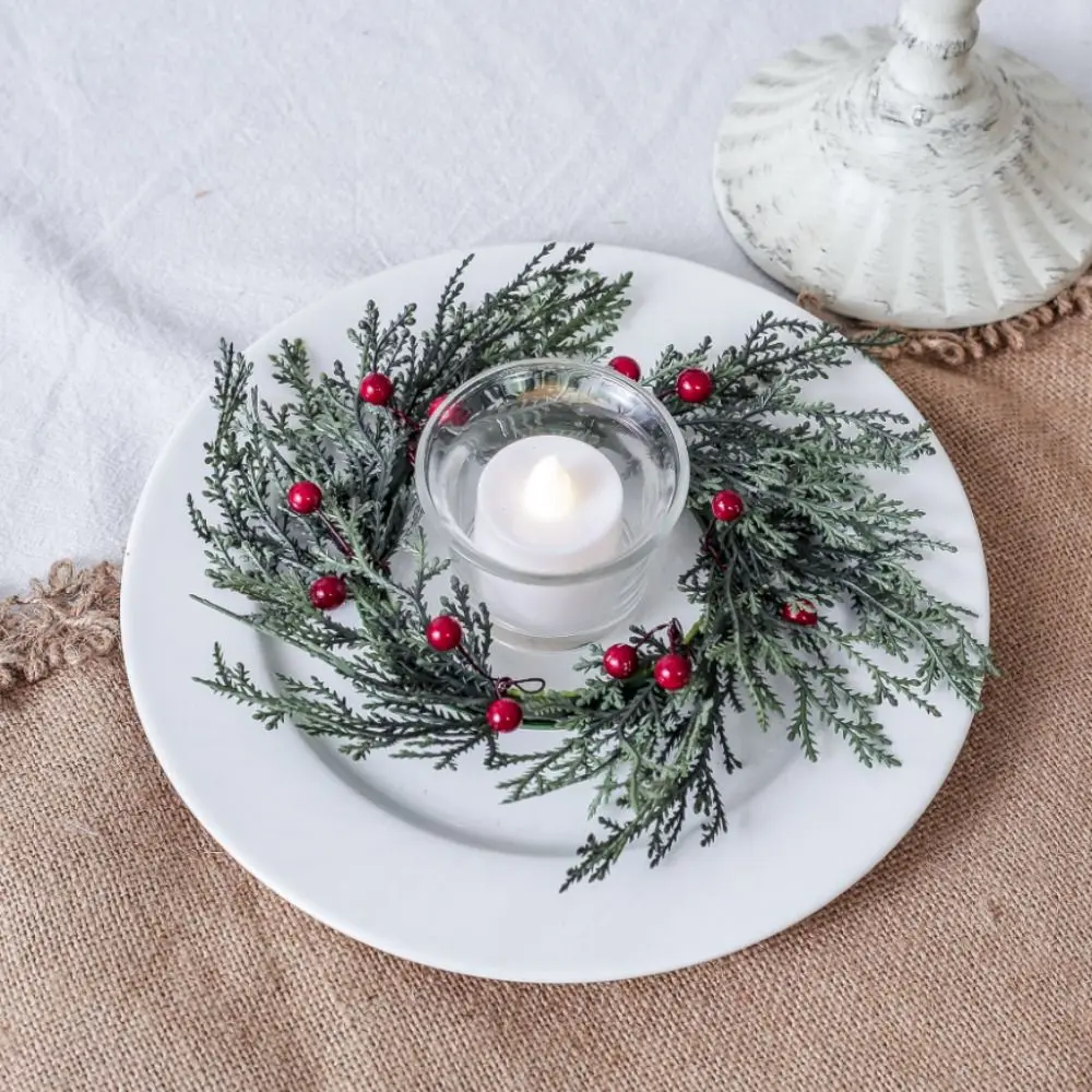 

20cm Christmas Candlestick Wreath Handmade DIY Simulation Pine Branch Elegant Red Berry Candle Wreaths Home Table Party Decor