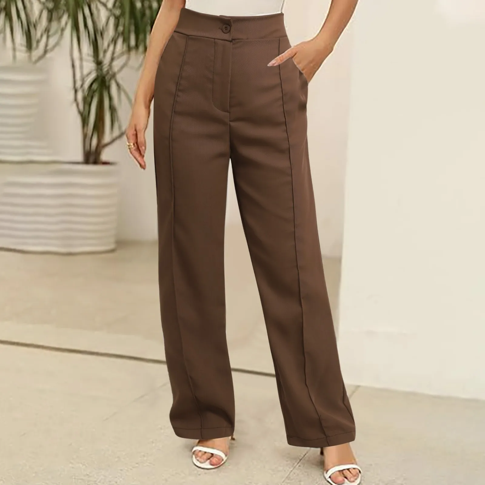 

Women's Solid Color Office Slim Fit Pencil Pants High Waist Zipper Fly Women's Commuting Pocket Elegant Trim Pant Streetwear