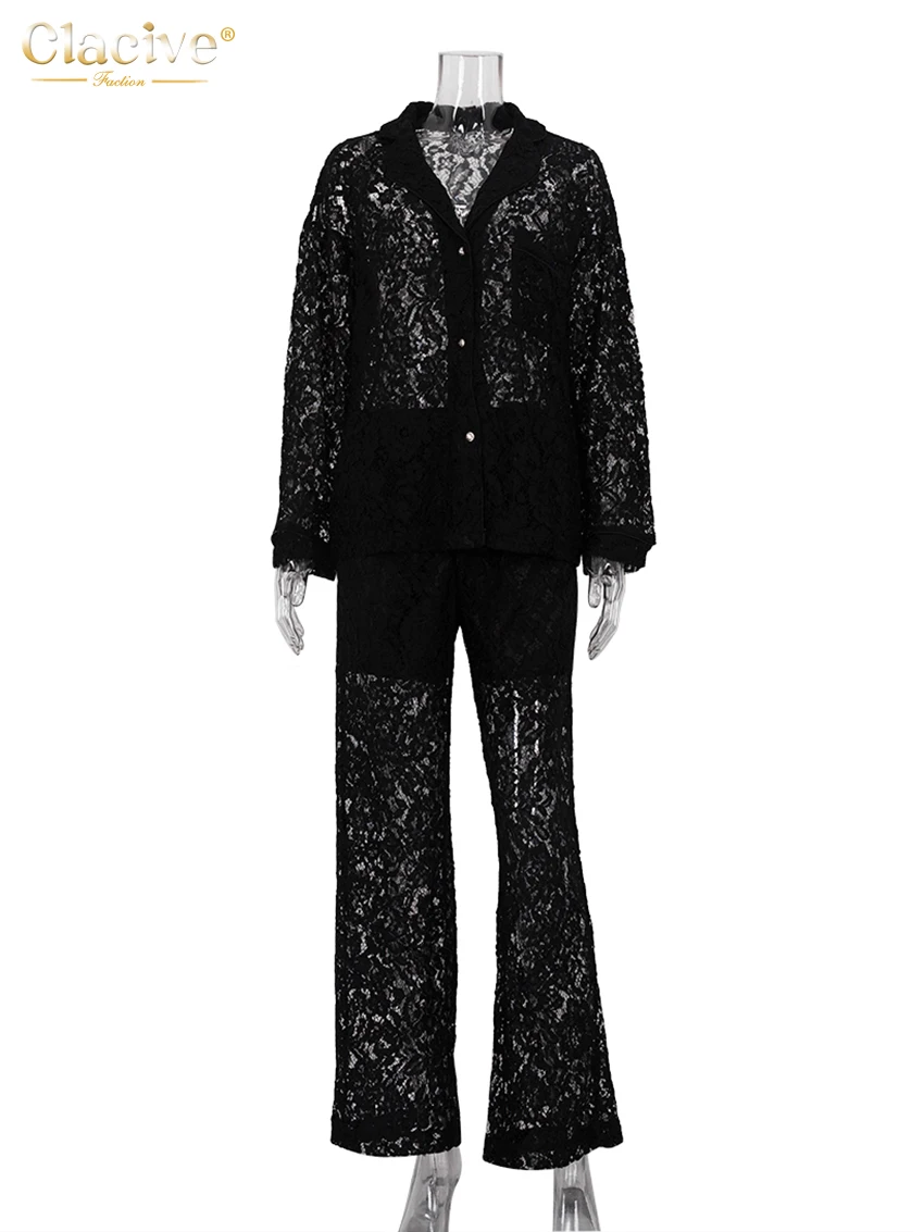 Clacive Sexy Loose Black Lace See Through Trousers Sets Women 2 Pieces Fashion Long Sleeve Shirt With High Waist Wide Pants Set