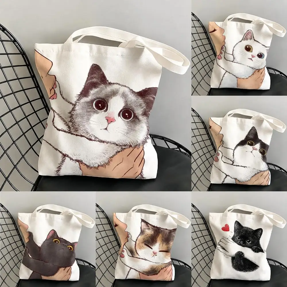 Kissing the cat Storage Bags Canvas Double-Sided Print Beach Bag Durable Handbag Shoulder Travel Bag Gift