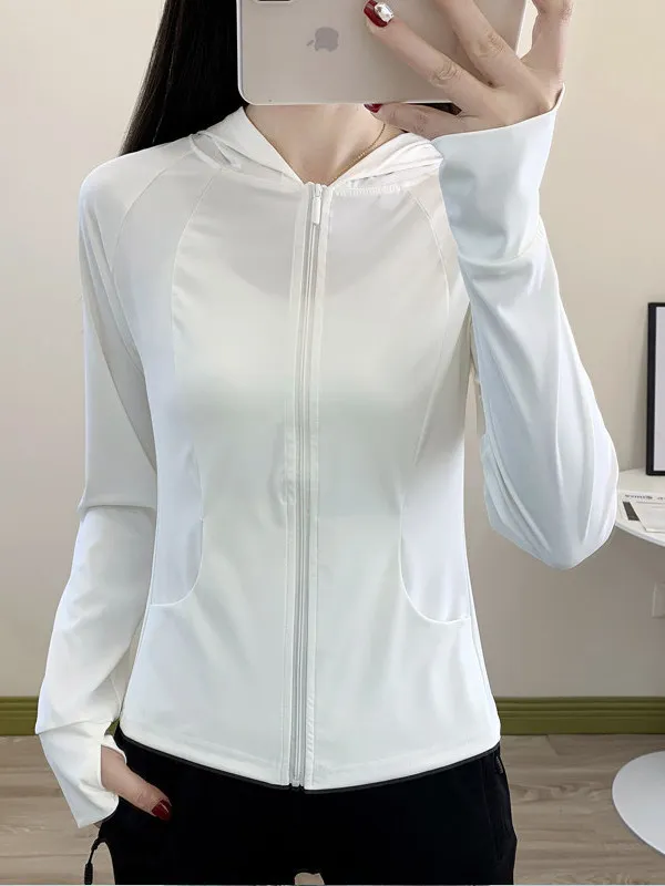 

Black Slim Fit UV Protection Ice Silk Lightweight Breathable Outdoor Women's Fashion Sunscreen Clothing Hooded Zipper Short S...