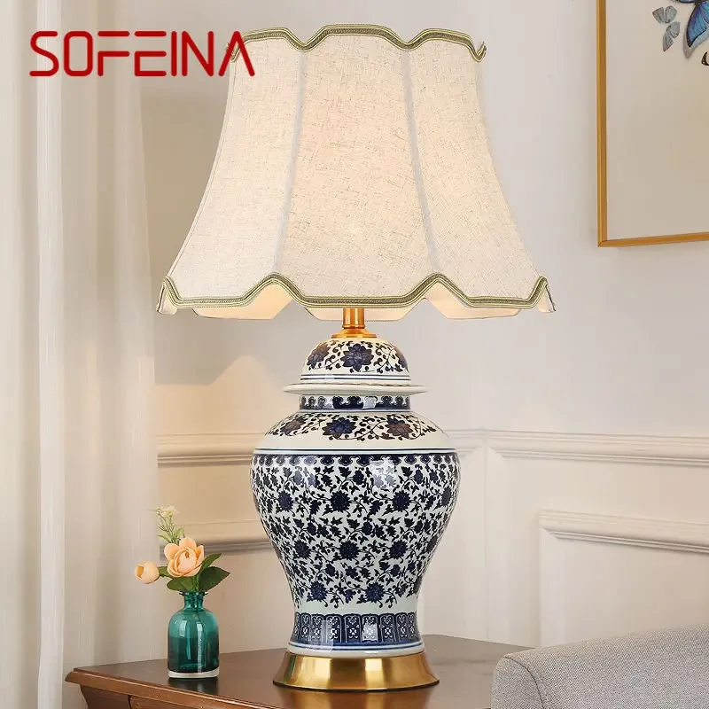 SOFEINA Modern Ceramics Table Lamp LED Dimming Chinese Blue And White Porcelain Desk Light for Home Living Room Bedroom