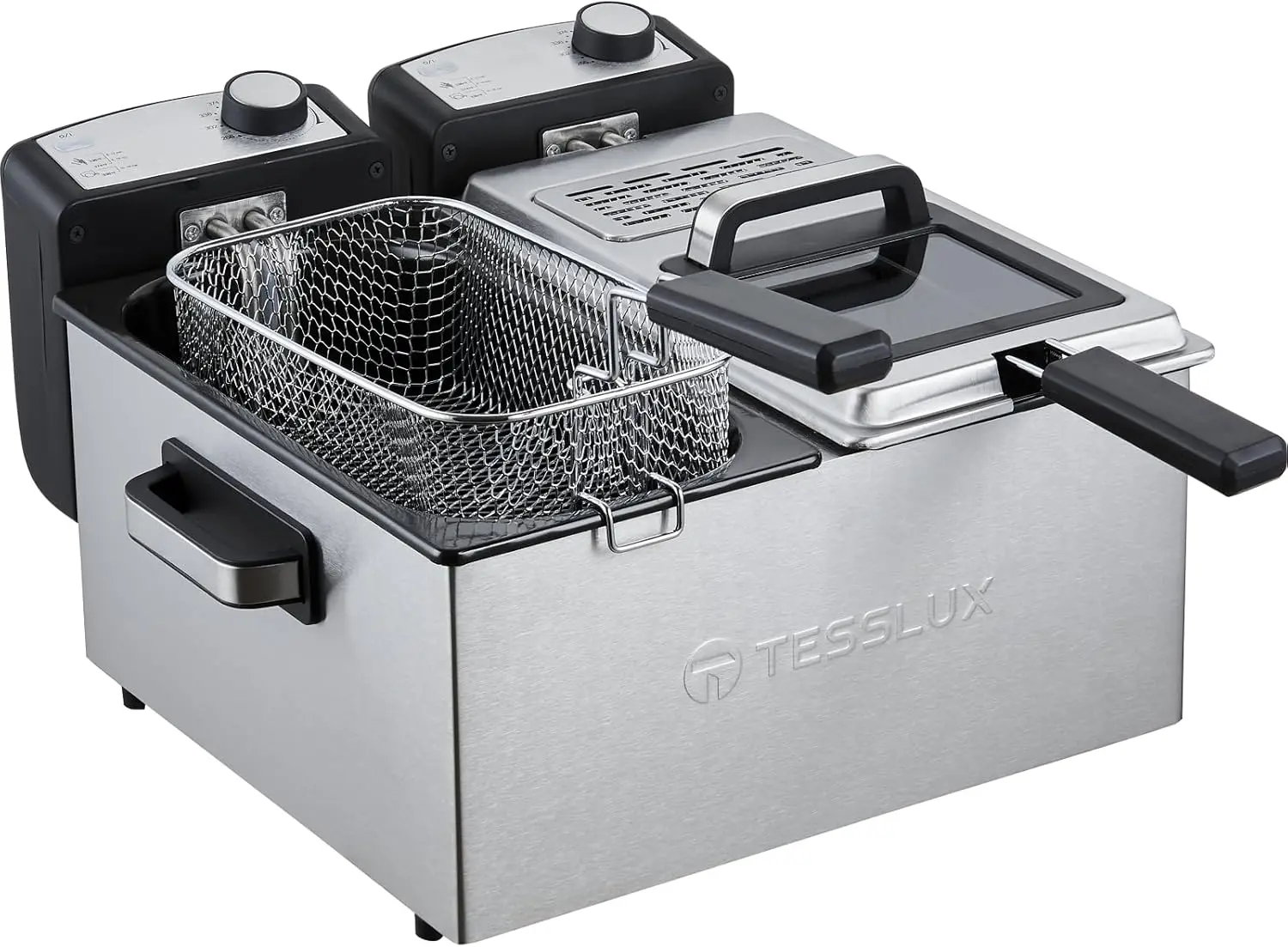 Fryer with Basket - 3000W Dual Zone Electric Deep Fryer for Home Use with Lid, Stainless Steel, Adjustable Temperature, Overheat