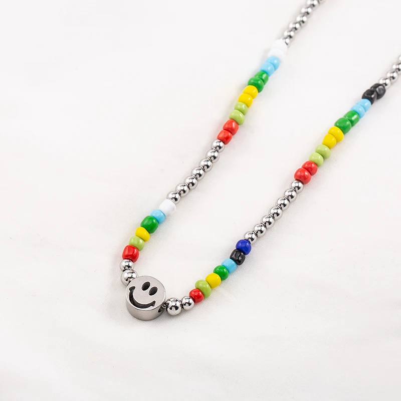 High Quality Vintage Temperament Male/Female Pendant Stainless Steel Rainbow Glass Beads Smiley Face Necklaces view 4