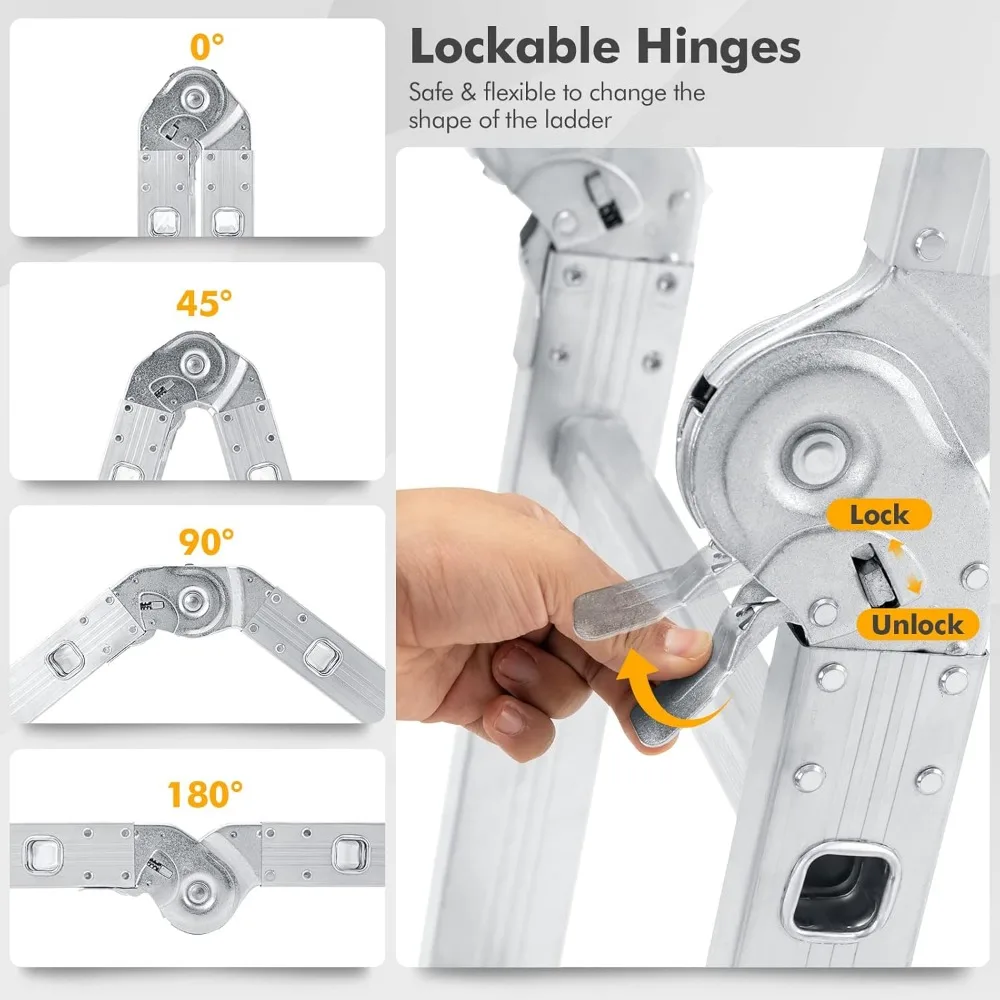 Folding Step Ladder 12.2 Feet, Multi-Position Aluminum Extension Ladder with Stabilizer and Non-Slip Feet for Versatile Use