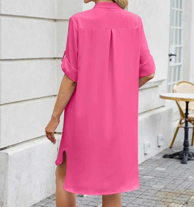 Sommerkleid für Damen, 2022, einfarbig, V-Ausschnitt, kurzärmelig, geteilter Knopf, gerade, lockeres Hemdkleid, elegantes Pendlerkleid