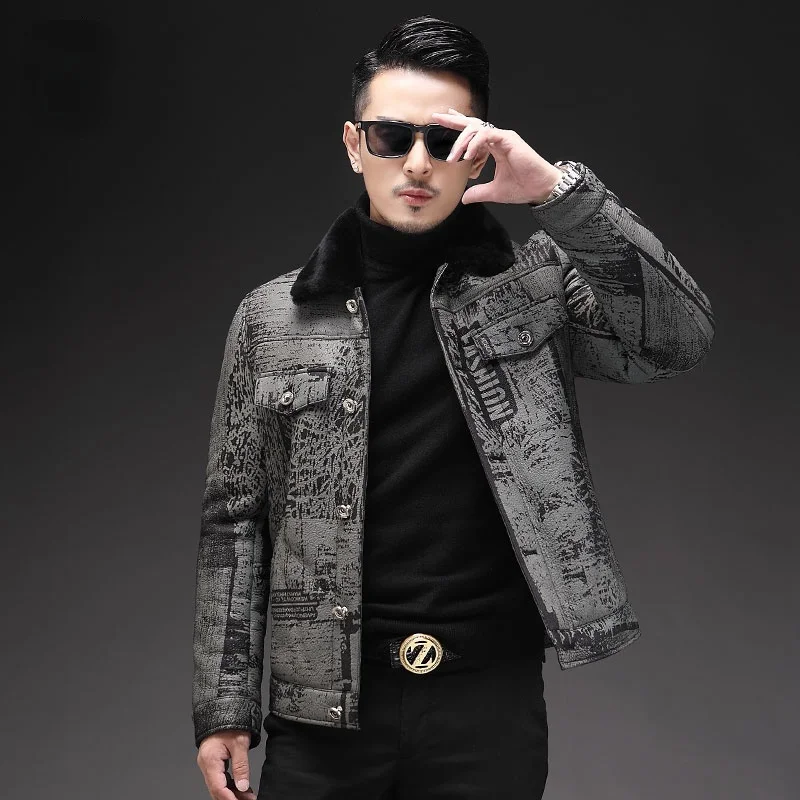 Winter Thick Genuine Sheepskin Coat Men's Wool Shearling Warm Fur Jacket Fashion Printing Leather Men