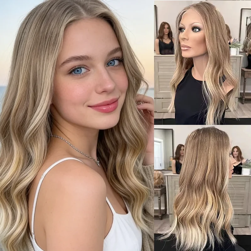 Wig Ladies Miku cosplay Synthetic Hair Golden Icy Blonde Highlights Lace Front Wigs Free Parting Glueless PARTY Daily WEar Wigs