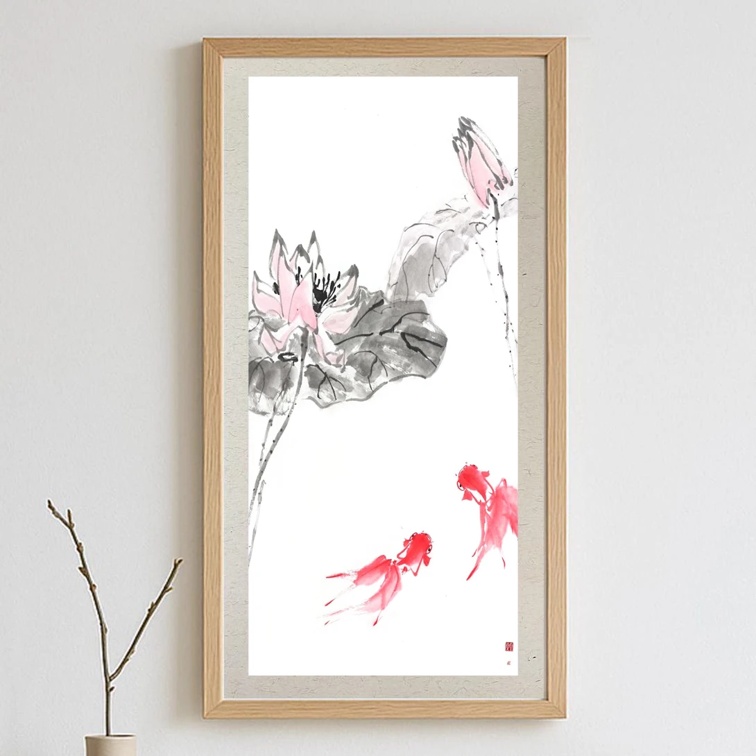 Typical traditional ink lotus and fish Zen style printmaking decorative paintings